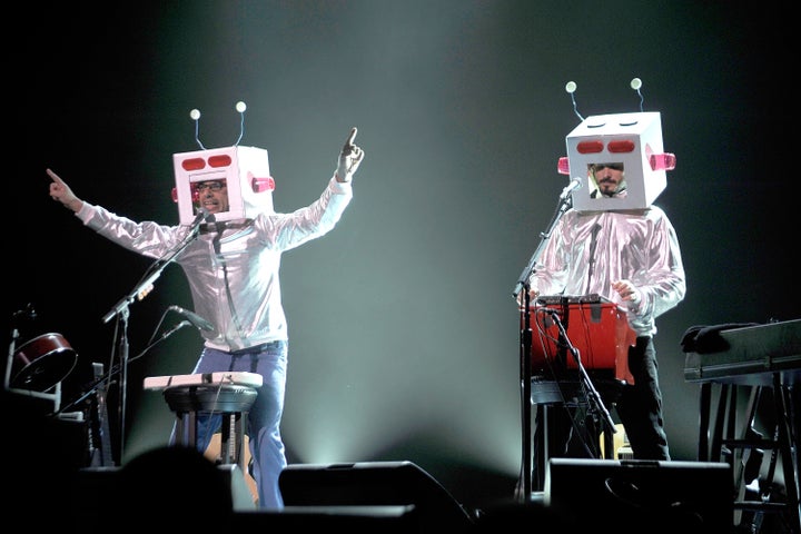 Pop musicians Jemaine Clement, left, and Bret McKenzie of the band Flight of the Conchords perform at Radio City Music Hall o