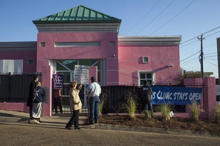 Pro-abortion rights and anti-abortion protestors gather outside of the Jackson Women's Health Organization.