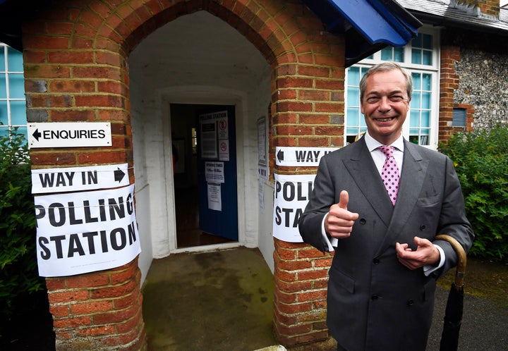 Nigel Farage, the leader of the United Kingdom Independence Party, leaves a polling station after voting in the EU referendum.