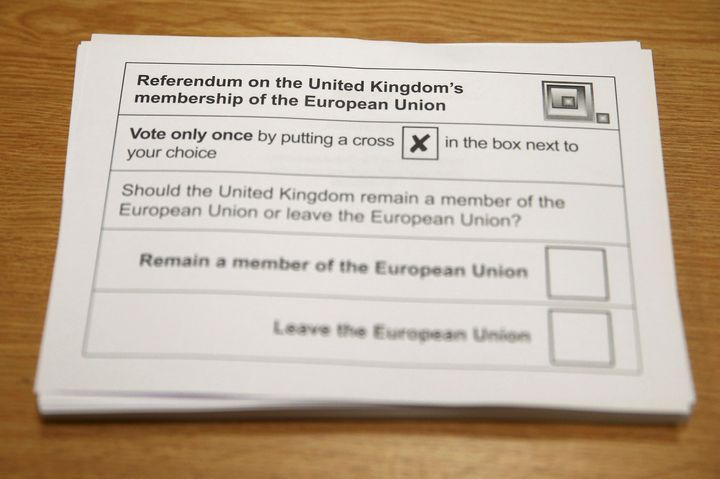 Ballot papers wait to be used at a polling station for the Referendum on the European Union in north London on June 23, 2016.