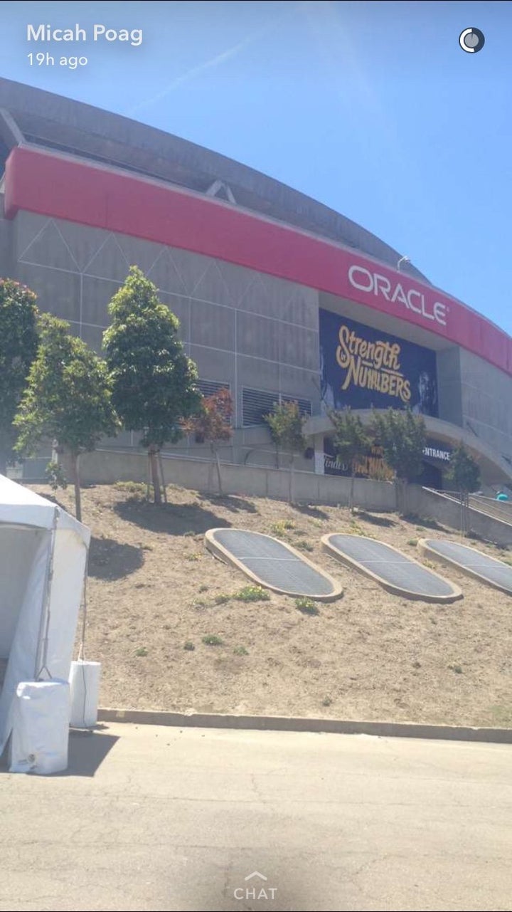 Micah Poag cases Oracle Arena before trying to sneak in with fake press pass. 