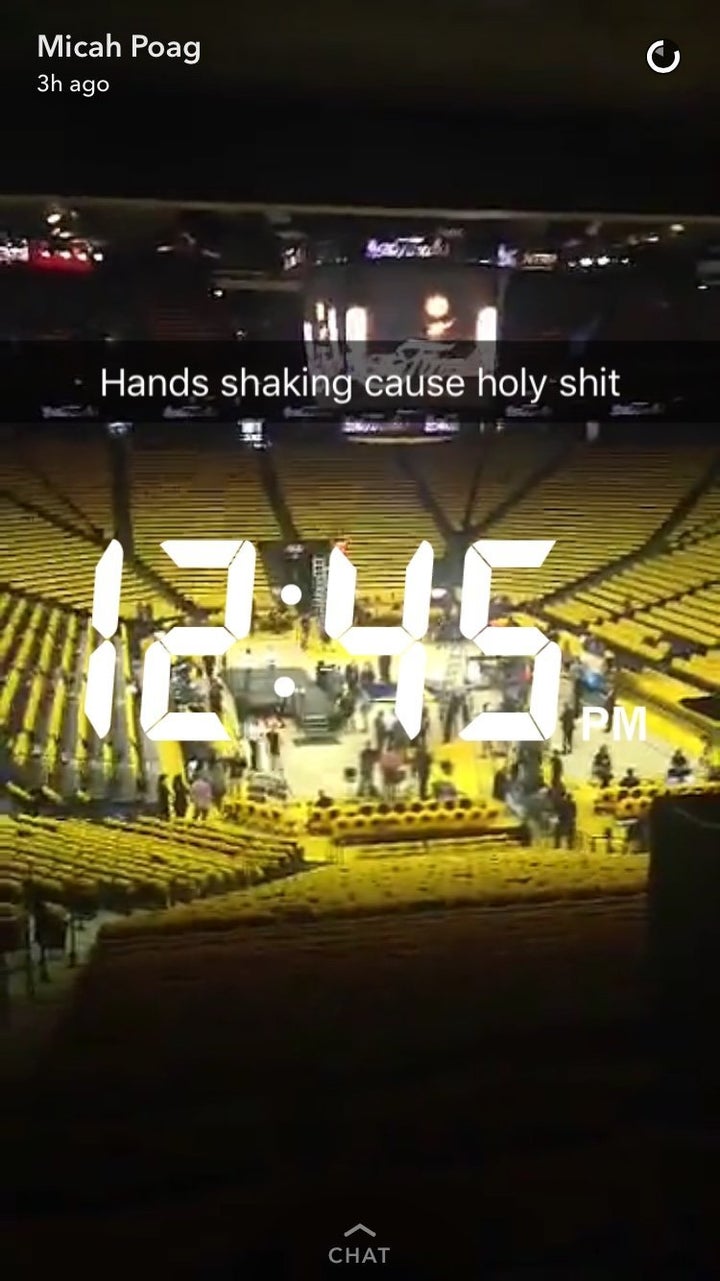 Micah Poag gets into Oracle Arena hours before tip-off. 