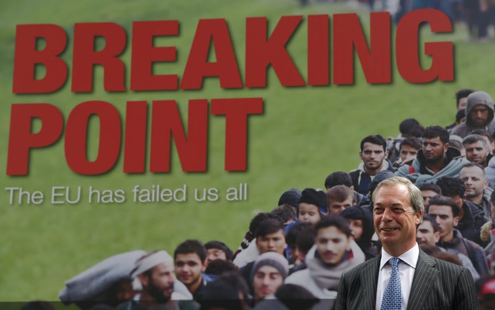 Farage addresses the media on June 16 during a national poster launch campaign ahead of the EU referendum.