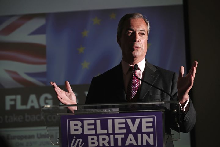 U.K. Independence Party Leader Nigel Farage delivers a speech ahead of Thursday's EU referendum.