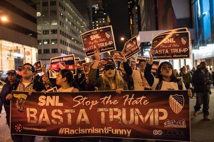 Members of Latino organizations march from the Trump Tower to NBC studios during a rally against Republican Presidential candidate Donald Trump on November 7, 2015 in New York City.
