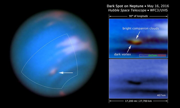 The new "dark vortex" is seen in a full visible-light image at left near a patch of bright clouds. The full-color image at top right is a close-up while the image at bottom right shows the vortex in blue wavelengths.