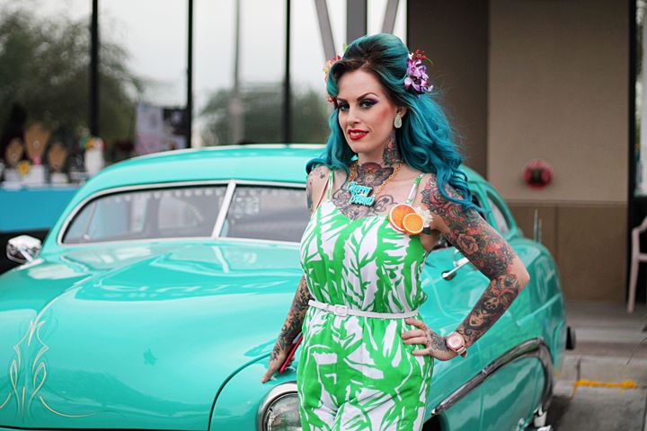 Modern Pin Up with Vintage car in Peoria, Arizona.