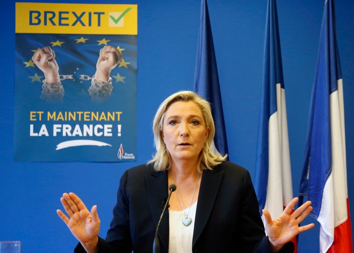 Marine Le Pen, France's far-right National Front political party leader, speaks during a news conference at the FN party headquarters in Nanterre near Paris.