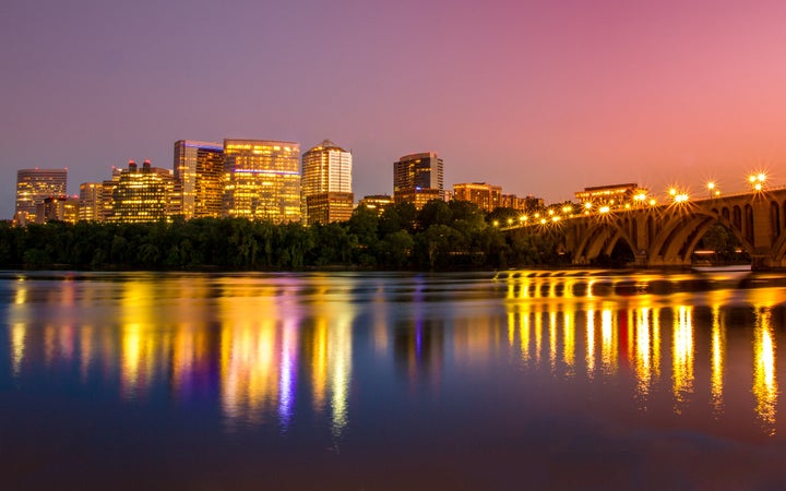 View of the skyline of Arlington, Virginia, at night.