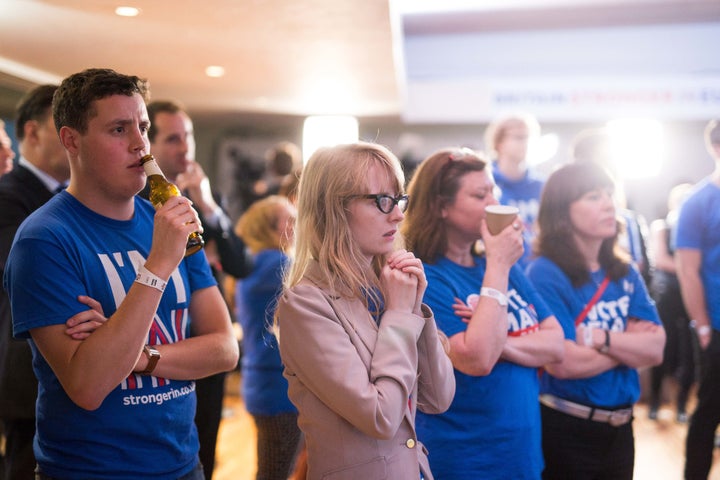 Supporters of the "remain" campaign watch the results of the EU referendum. It will likely take months for Britain to get a new prime minister and years before a deal to leave the EU is reached.