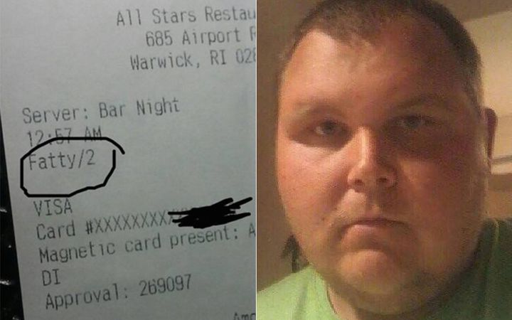 Dillon Harper, 24, said he received a receipt with the word "fatty" from a restaurant in Warwick, Rhode Island.