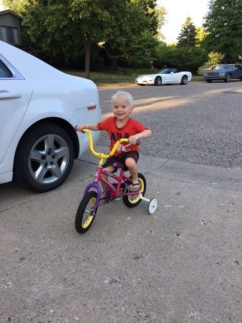 Erin Farias' 3-year-old son, Andres, adores his pink bike.