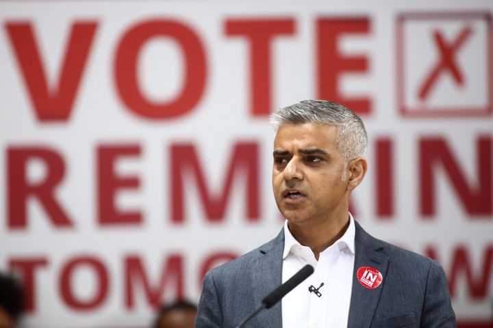 Sadiq Khan, mayor of London, speaks at a "remain" campaign event the day before the Brexit vote.