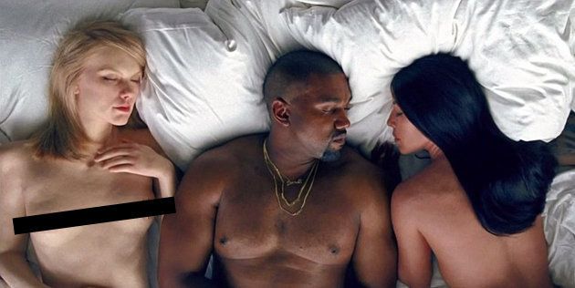 A naked Taylor Swift lookalike lies in bed with Kanye West and Kim Kardashian in his new video