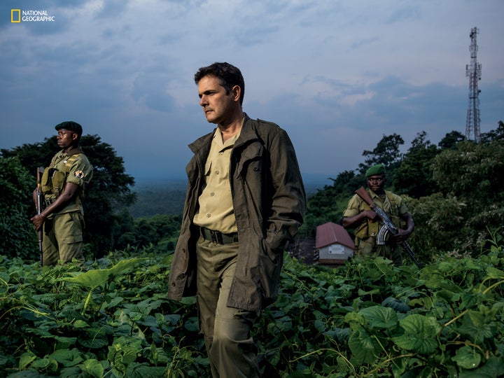 Emmanuel de Merode, flanked by bodyguards at park headquarters nine months after he survived an assassination attempt, has le