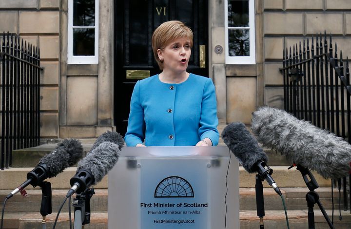 <strong>Sturgeon speaks to media outside Bute House, Edinburgh, following an emergency Scottish cabinet meeting</strong>
