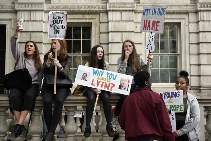 Young protesters demonstrate outside Downing Street following the United Kingdom's vote to leave the European Union.