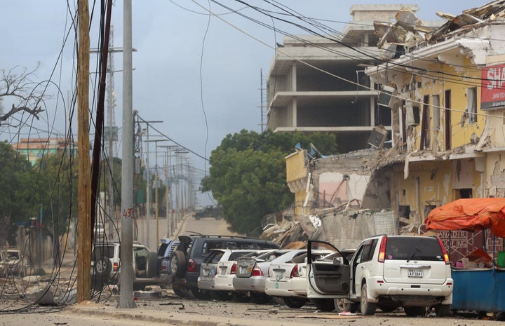 A vehicle burns at the scene of a suicide bomb attack outside Nasahablood hotel in Somalia's capital Mogadishu, June 25, 2016.