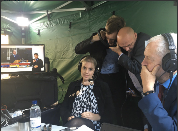 Seumas Milne, Kevin Slocombe and Jeremy Corbyn hear Cameron resign