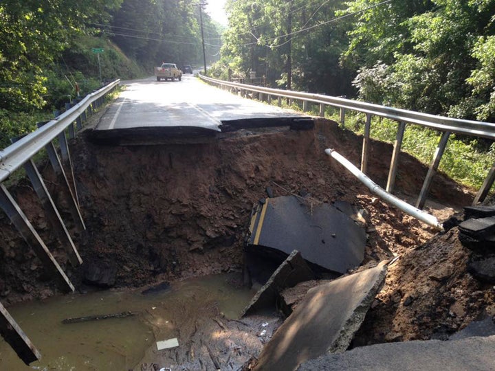 The West Virginia State Highway 4 along the Elk River shows extensive damage after flooding.