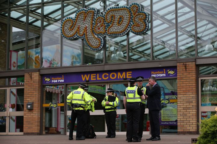 Police at the entrance to the M&D's amusement park in Motherwell, near Glasgow