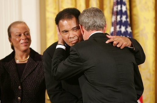The Champ Behind the Champ: Lonnie Ali with her husband and President Bush