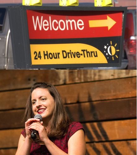 Description: Two photos. The above photo is a drive-thru sign at a fast food restaurant. The photo below is of comedian Nina G with a microphone doing stand up comedy. 