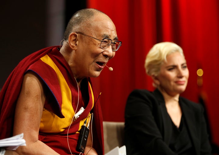 The Dalai Lama and singer Lady Gaga appear together for a question and answer session on "the global significance of building compassionate cities" at the U.S. Conference of Mayors 84th Annual Meeting in Indianapolis, Indiana United States, June 26, 2016.