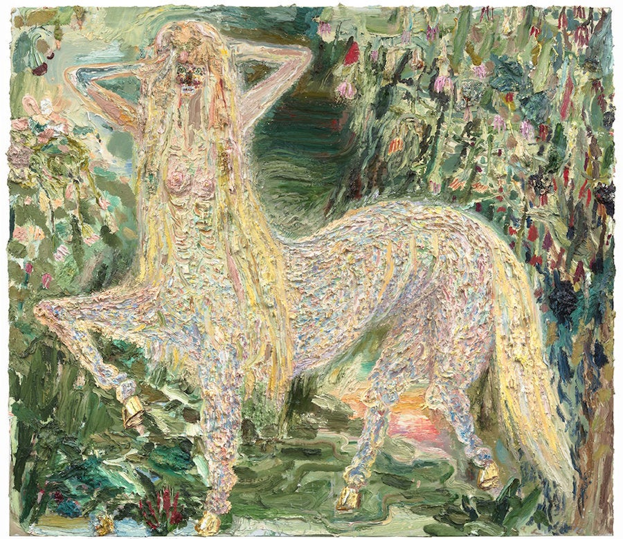 Allison Schulnik, Centaurette in Forest 2015, oil on linen.