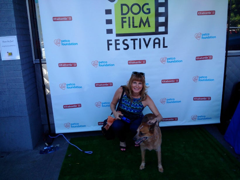 Jill L. Ferguson and Nacho on the green carpet 