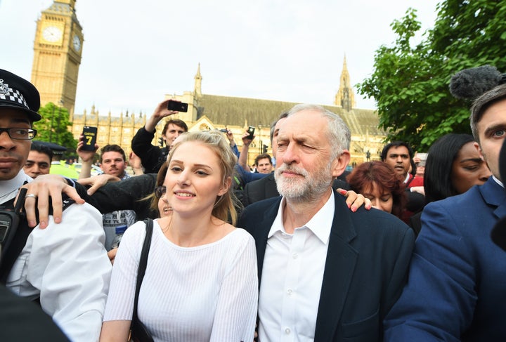 Jeremy Corbyn arriving at the Momentum rally in Parliament Square