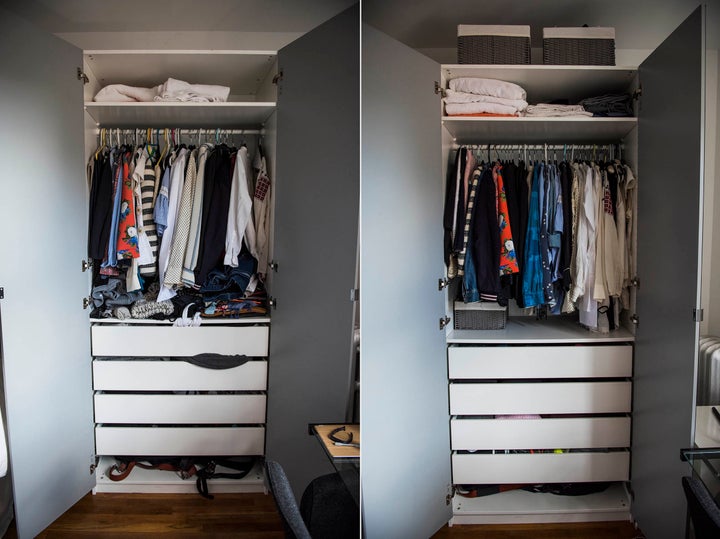 My closet before and after. Notice there's no pile of wrinkled clothing beneath the hanging items.Huggable Hangers Suit/Shirt Black Pkg/40, $29; Add-On Skirt/Pant Hanger Chrome Pkg/4, $5; Montauk Rectangular Bins, $19 (for medium), $24 (for large)