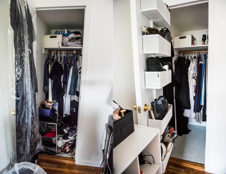 My closet before, with shoes everywhere and my closet after, clean and organized.