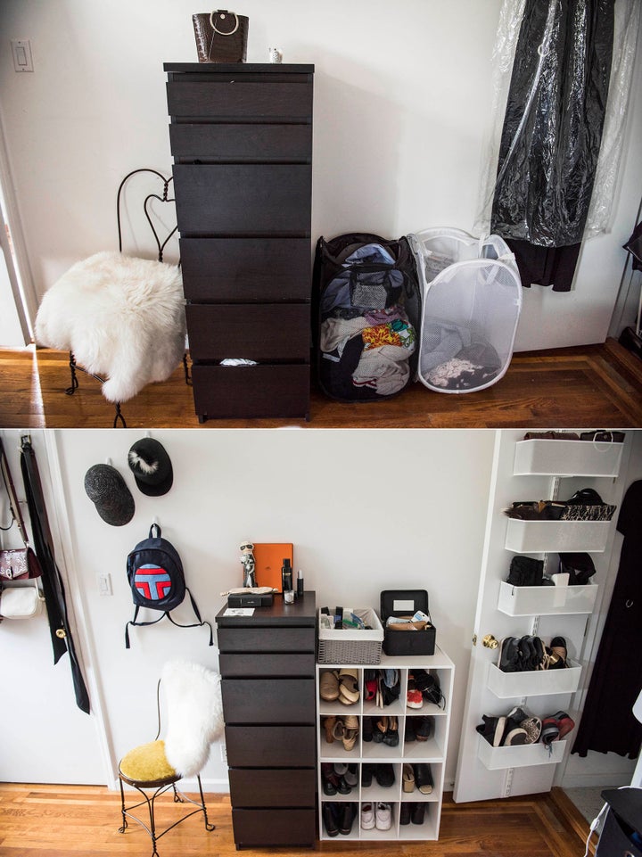 Looks slightly more sophisticated than having shoes in a pile on the floor.<br><br>Container Store 6-Section Shoe & Handbag Organizer, $39; White Elfa Utility Mesh Bathroom Door & Wall Rack Solution, $126