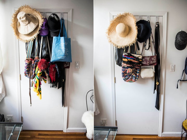 Over-the-door hooks are great, but mine were overflowing. We moved some of the items to other hooks on my wall and inside my closet. 