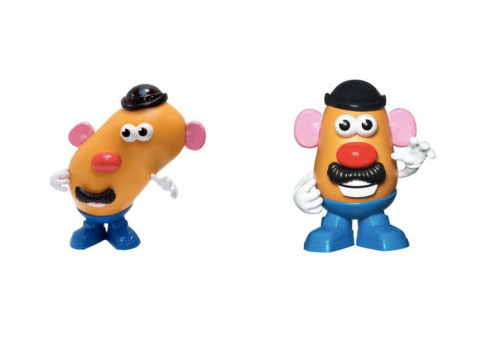 "Wonky Mr Potato Head" on the left, and traditional "Mr Potato Head" on the right.