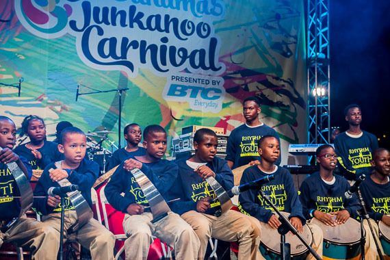 Rake 'n Scrape orchestra at the Bahamas Junkanoo Carnival stage.