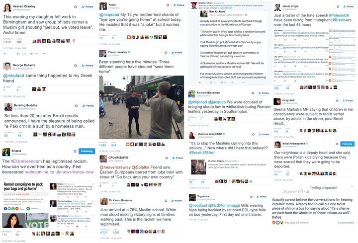 The Muslim Council of Britain has compiled over 100 hate incidents since the referendum results. These screen shots are reports of actual incidents or hate on social media