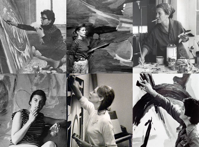 Clockwise from top left: Sonia Gechtoff in studio ca. 1961-62 (Image courtesy Sonia Gechtoff), Mary Abbott in studi