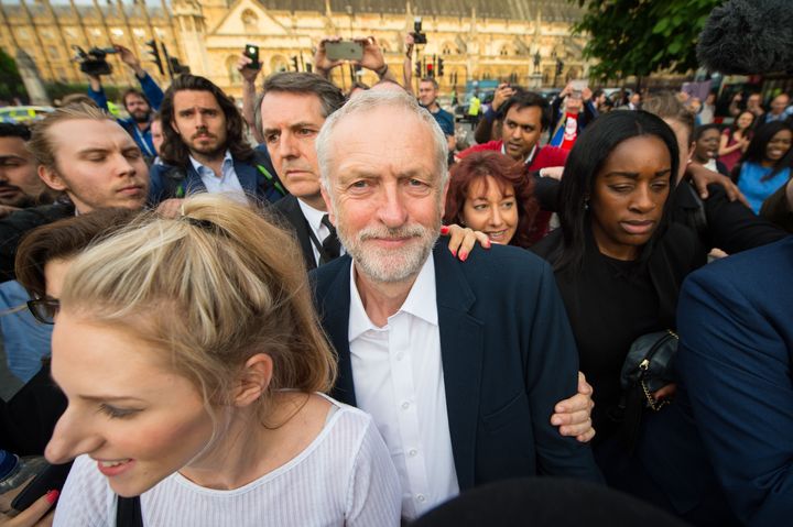 Jeremy Corbyn mobbed by thousands of supporters in Parliament Square.