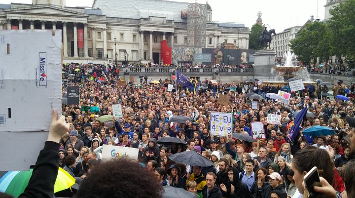 Thousands of people turned up at London's Trafalgar Square for a pro-EU rally on Tuesday despite organisers calling the event off