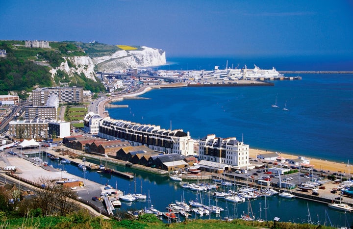 An aerial view of boats docked at harbor in Dover, England.