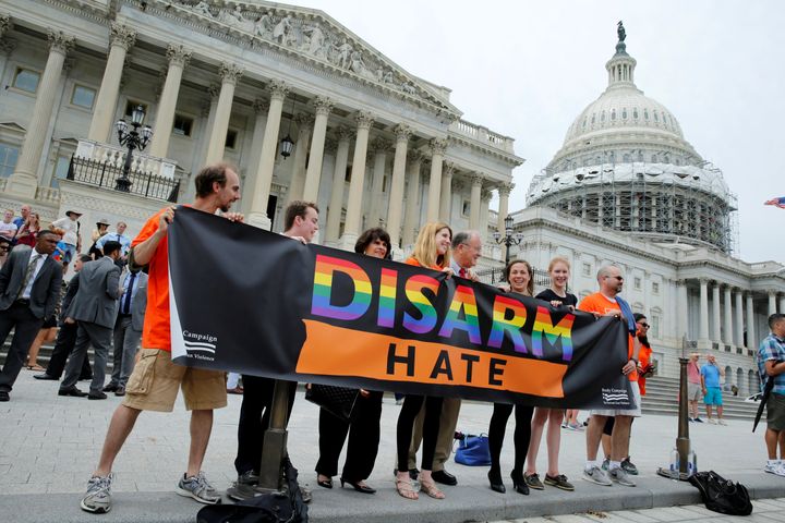 Gun control advocates gather on Capitol Hill on June 23, 2016, after 49 people were killed in a shooting at Pulse nightclub in Orlando, Florida.