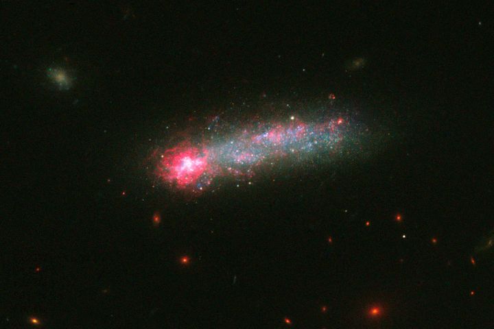Kiso 5639, a dwarf galaxy about 82 million light years from Earth, resembles a rocket.