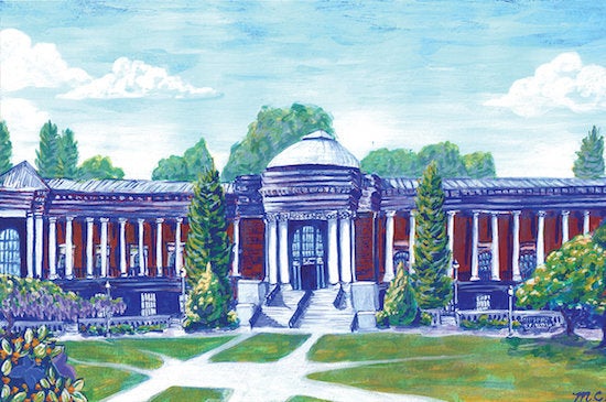 Art student Maddy Corbin used the new shade of blue to paint a picture of the Oregon State University Memorial Union building.