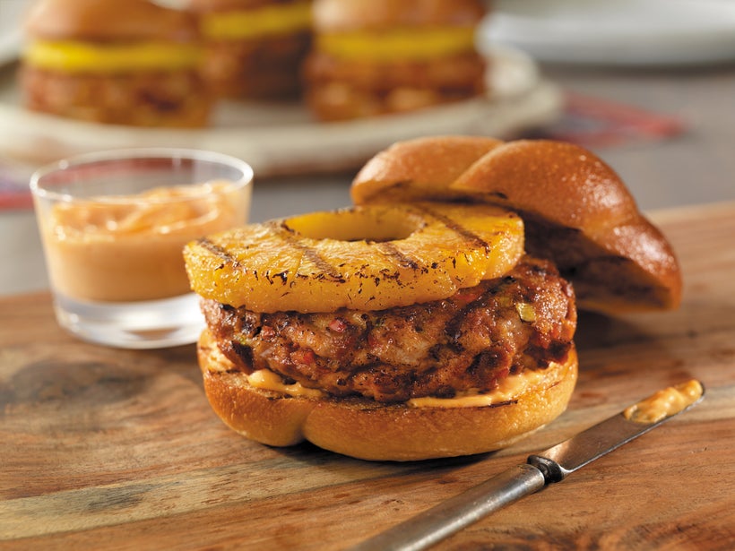 Pork and Chorizo Burgers with Pineapple and Sriracha