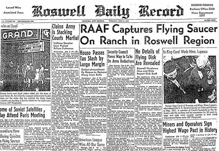 This is the front page from the July 8, 1947 edition of the Roswell Daily Record which showed a startling headline about the capture of a crashed flying saucer. This headline caused worldwide attention to focus on the town of Roswell, New Mexico, beginning nearly 70 years of speculation as to what exactly crashed there.