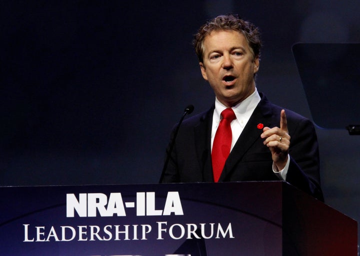 Gray is running against U.S. Senator Rand Paul, seen here addressing the National Rifle Association during its annual meeting in Louisville, Kentucky, in May.