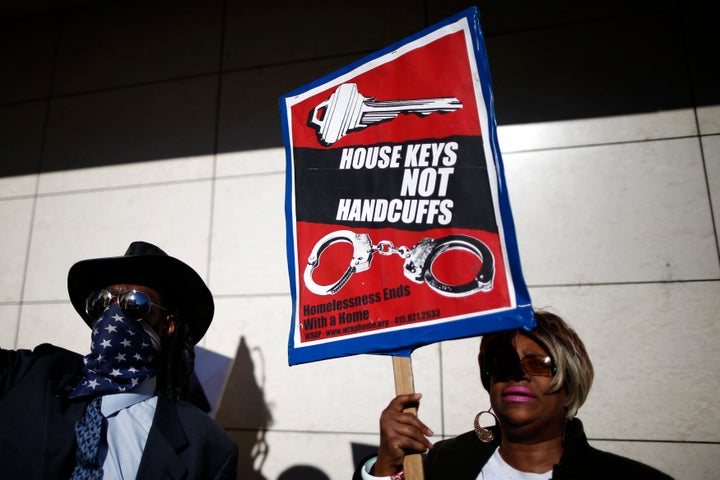 People protest in March against the killing of a mentally ill homeless man, who allegedly tried to grab an LA police officer's gun during a scuffle.