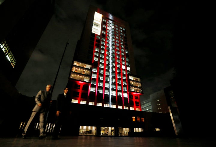 The colors of the Turkish flag are projected on Mexico's Foreign Affairs building in Mexico City.